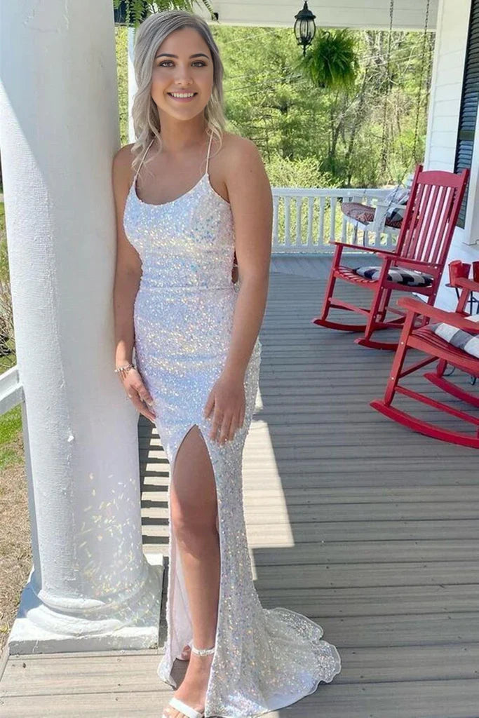 Vestido de fiesta largo blanco sin espalda con lentejuelas de sirena